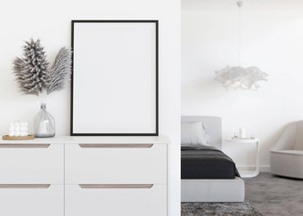 空垂直图片框架白色墙现代卧室模拟室内当代风格免费的复制空间图片床上餐具柜彭巴斯草原草花瓶呈现