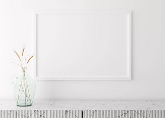 空图片框架白色墙现代生活房间模拟室内极简主义斯堪的那维亚风格免费的空间图片大理石控制台干草玻璃花瓶呈现