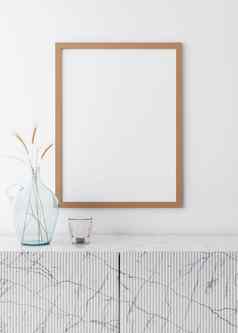 空垂直图片框架白色墙现代生活房间模拟室内极简主义斯堪的那维亚风格免费的空间图片大理石控制台干草玻璃花瓶呈现