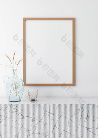空垂直图片框架白色墙现代生活房间模拟室内极简主义斯堪的那维亚风格免费的空间图片大理石控制台干草玻璃花瓶呈现