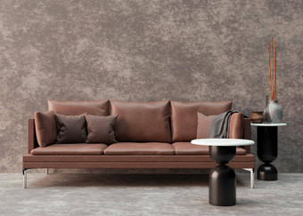 空混凝土墙现代生活房间模拟室内极简主义风格免费的空间复制空间图片文本设计棕色（的）皮革<strong>沙发</strong>呈现