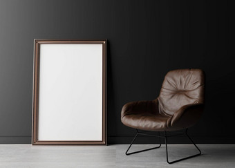 空垂直图片框架站地板上黑色的墙棕色（的）皮革扶手椅模拟室内极简主义风格免费的空间复制空间图片文本呈现