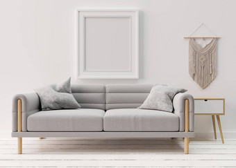 空<strong>图片</strong>框架白色墙现代生活房间模拟室内斯堪的那维亚放荡不羁的风格免费的空间复制空间<strong>图片灰色</strong>沙发呈现