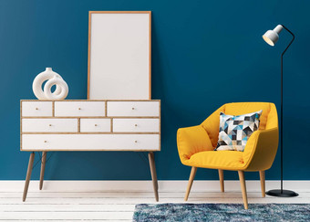 空白垂直图片框架蓝色的墙生活房间模拟海报框架现代室内黄色的扶手椅木控制台渲染插图免费的空间复制空间设计