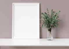 空垂直图片框架站白色架子上框架模拟复制空间图片海报模板艺术作品关闭视图桉树植物花瓶呈现