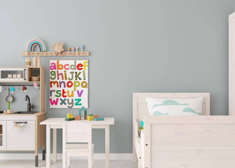 空墙现代孩子房间模拟室内斯堪的那维亚风格复制空间<strong>图片海报</strong>床上表格椅子玩具舒适的房间孩子们呈现