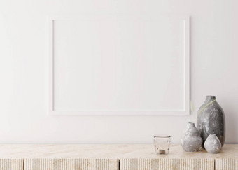 空图片框架白色墙现代生活房间模拟室内极简主义斯堪的那维亚风格免费的空间图片大理石控制台花瓶草呈现