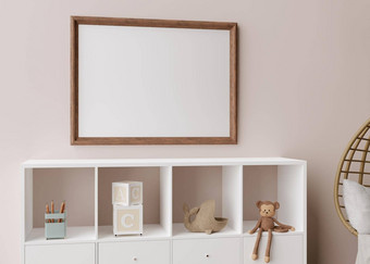 空图片框架光棕色（的）墙现代孩子房间模拟室内斯堪的那维亚放荡不羁的风格免费的复制空间图片控制台玩具舒适的房间孩子们呈现