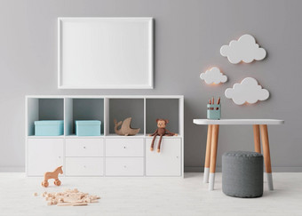 空图片框架灰色的墙现代孩子房间模拟室内斯堪的那维亚风格免费的复制空间图片控制台表格椅子玩具舒适的房间孩子们呈现