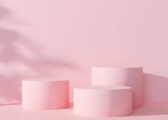 粉红色的领奖台集叶子阴影粉红色的背景优雅的领奖台产品化妆品演讲模拟基座平台美产品空场景呈现