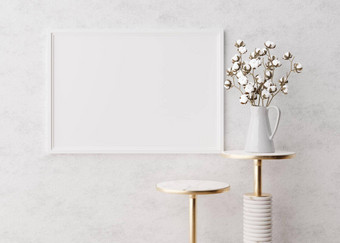 空水平图片框架白色墙模拟室内极简主义当代风格免费的复制空间图片海报大理石表棉花植物呈现