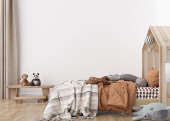 空白色墙现代孩子房间模拟室内斯堪的那维亚风格免费的复制空间<strong>图片海报</strong>床上玩具舒适的房间孩子们呈现