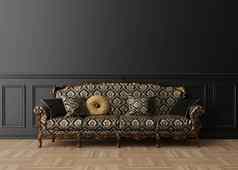 空黑色的墙经典生活房间模拟室内免费的空间复制空间图片文本设计美丽的古董古董沙发棕色（的）木条镶花之地板地板上呈现