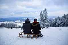 支持人坐着雪橇背景白雪覆盖的滑雪坡冬天