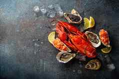 海鲜各种各样的龙虾牡蛎大马哈鱼鞑靼黑色的鱼子酱前视图