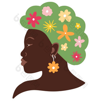 手画插图黑色的非洲美国女人花头发头配置文件精神健康幸福和谐心心理学概念疗愈能源绿色设计夏天时尚