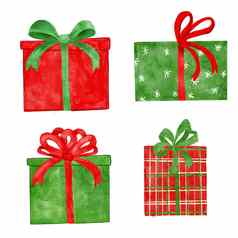 手画水彩插图红色的绿色圣诞节礼物现在盒子丝带弓可爱的节日假期购物问候祝贺生日冬天聚会，派对卡片邀请明亮的快乐设计