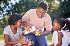 黑色的女人公园孩子们家庭饮料汁健康的营养健康营养学家饮食野餐妈妈。女孩孩子们黑色的人微笑柑橘类水果橙色汁夏天