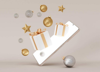 智能手机飞行礼物盒子圣诞节装饰米色背景购物智能手机购买礼物在线圣诞节购物互联网圣诞节出售一年呈现