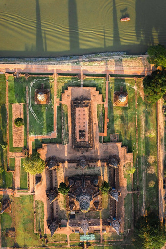 空中视图什么柴瓦塔纳拉姆毁了寺庙大城府泰国