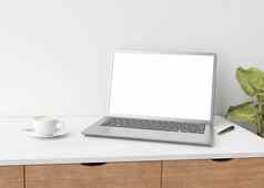 移动PC空白白色屏幕木表格首页办公室电脑模型免费的空间应用程序游戏网络网站演讲舒适的室内白色墙杯咖啡植物呈现