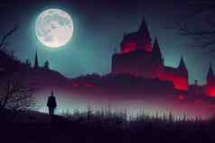 渲染吸血鬼城堡基斯森林晚上完整的月亮数字插图