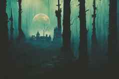 渲染吸血鬼城堡基斯森林晚上完整的月亮数字插图