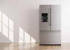 冰箱站空房间免费的复制空间文本对象家庭电设备现代厨房设备不锈钢钢冰箱双门冰箱渲染