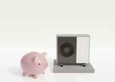 空气热泵小猪银行白色背景现代环境友好的加热保存钱空气源热泵免费的复制空间文本广告渲染