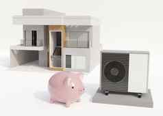 空气热泵小猪银行房子白色背景现代环境友好的加热保存钱空气源热泵非常高效。可再生源能源呈现
