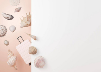 夏天假期背景奶油柔和的颜色行李海贝壳背景广告免费的复制空间文本现代时尚的设计假期旅行旅游呈现