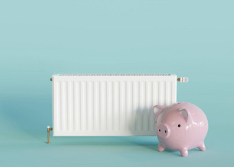 白色加热散热器小猪银行蓝色的背景中央加热系统免费的复制空间文本广告加热昂贵的能源危机呈现