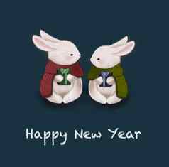 圣诞节插图可爱的兔子快乐一年问候卡