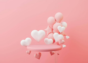粉红色的讲台上心气球飞行空气情人节一天婚礼周年纪念日讲台上产品化妆品演讲模型基座平台美产品插图