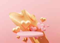 粉红色的讲台上液体飞溅心飞行空气情人节一天婚礼周年纪念日讲台上产品化妆品演讲模拟基座美产品插图
