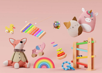 孩子们的玩具粉红色的背景五彩缤纷的木豪华的玩具蹒跚学步的婴儿生态友好的玩具塑料免费的玩具商店呈现