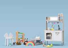 孩子们的玩具蓝色的背景复制空间五彩缤纷的木豪华的玩具蹒跚学步的婴儿玩厨房木菜空空间文本广告呈现