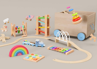 孩子们的玩具米色背景五彩缤纷的木玩具蹒跚学步的婴儿生态友好的玩具塑料免费的玩具商店呈现