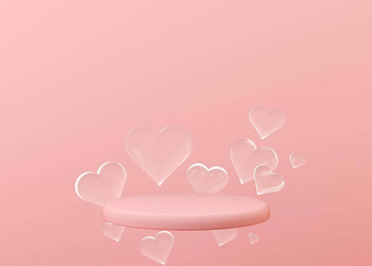 粉红色的讲台上玻璃心飞行空气情人节一天婚礼周年纪念日讲台上产品化妆品演讲模拟基座平台美产品插图
