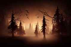 万圣节背景概念令人毛骨悚然的森林体积雾