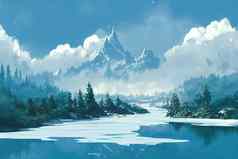 宁静的风景雪城堡云山溪