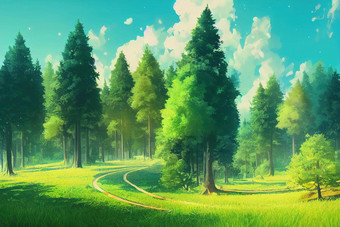森林树自然绿色木阳光背景动漫风格