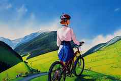 漂亮的高级女人骑电山自行车