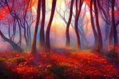 美丽的神秘的森林蓝色的雾秋天色彩斑斓的