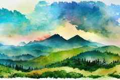 全景山范围水彩景观绘画纸背景