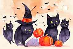 集团可爱的万圣节黑色的猫穿女巫