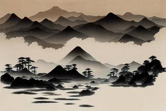 景观山传统的日本墨水绘画澄江