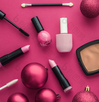 化妆化妆品产品集美品牌圣诞节出售促销活动奢侈品粉红色的平铺背景假期设计