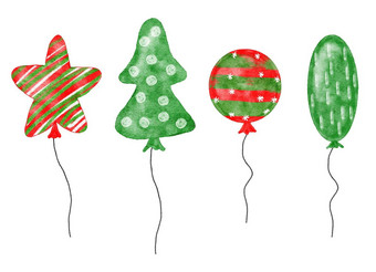 水彩手画插图绿色<strong>红色</strong>的圣诞节热空气气球设计剪纸艺术聚会，派对庆祝活动<strong>节日</strong>假期<strong>节日</strong>生日卡片邀请孩子们孩子们艺术