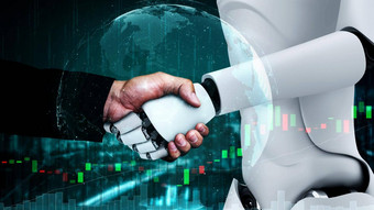 呈现似人类的机器人握手股票市场交易图表
